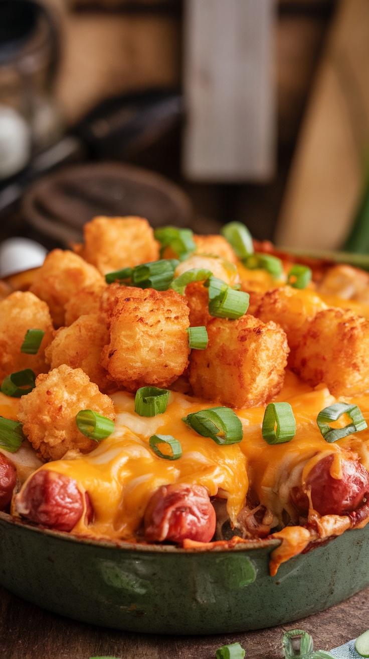 Cheesy hot dog casserole with tater tots and melted cheese, garnished with green onions.